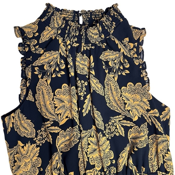 J. Crew Factory Blue Gold Floral Smocked Midi Sleeveless Dress Size 6 - Picture 3 of 9
